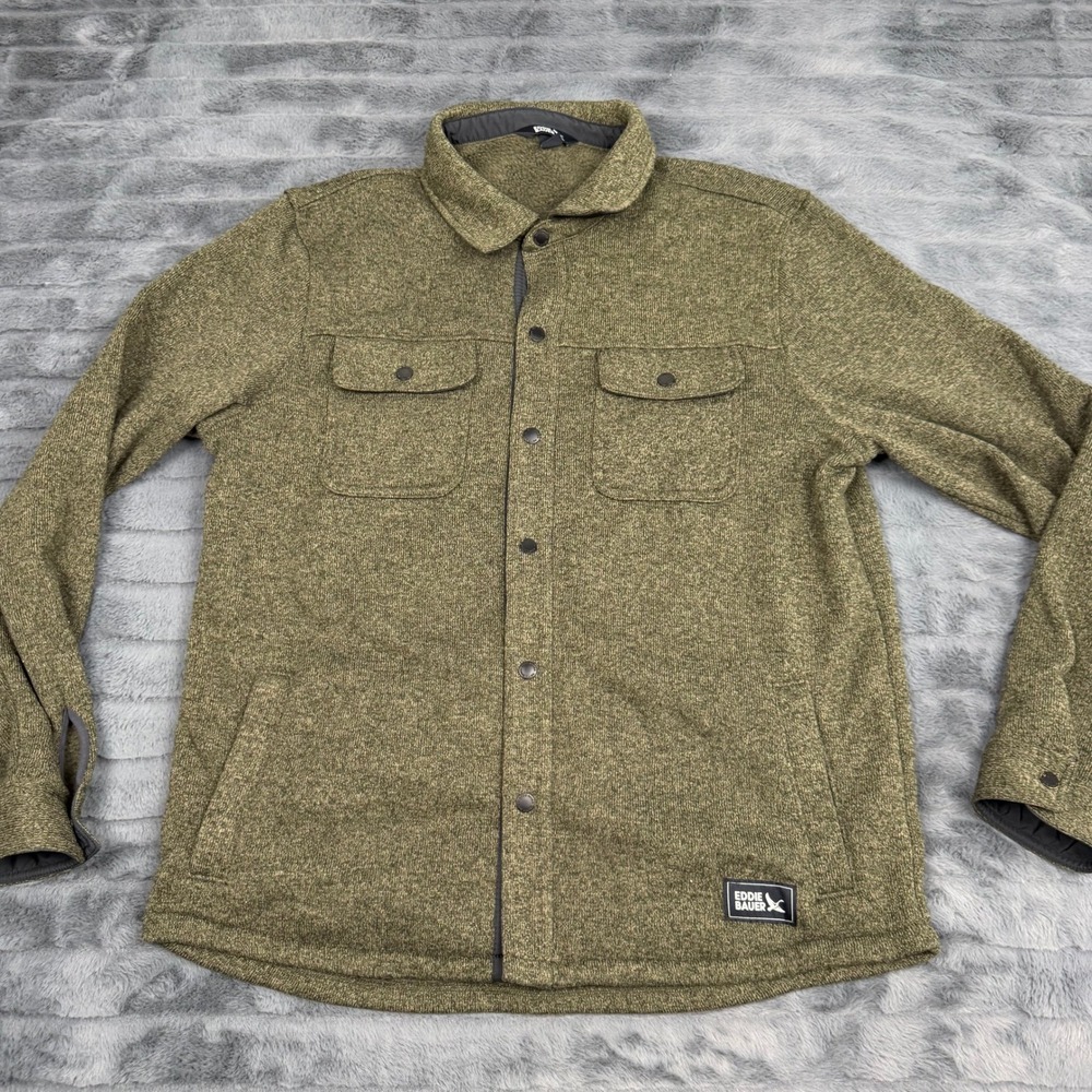 Eddie Bauer Mens Sweater Fleece Shirt Jacket Olive Green Snap Front Size M